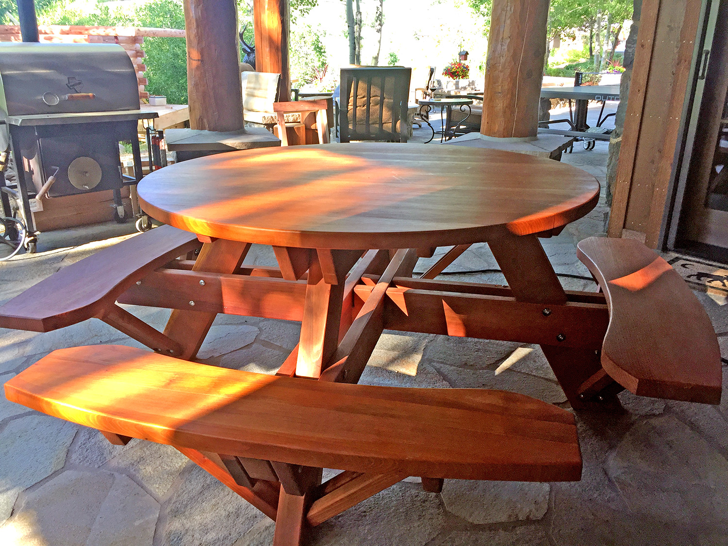 Round Wooden Picnic Table With Attached Benches